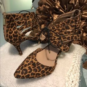 DressBarn Leopard Print Ankle Strap Zipper Heel